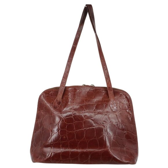 Furla Croc Leather Shoulder Bag Brown Polished Quiet Luxury Professional Classic - Picture 1 of 16